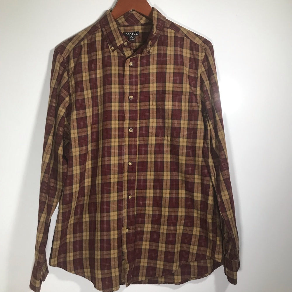 George long sleeve red wine and beige plaid dress shirt síze M